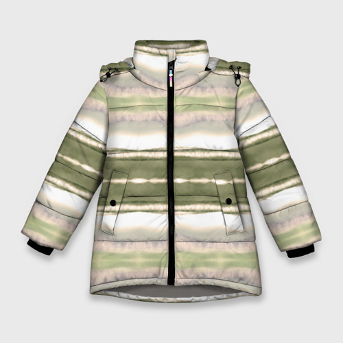 Зимняя куртка для девочек 3D с принтом Тай дай полосы в оливковых тонах, вид спереди #2