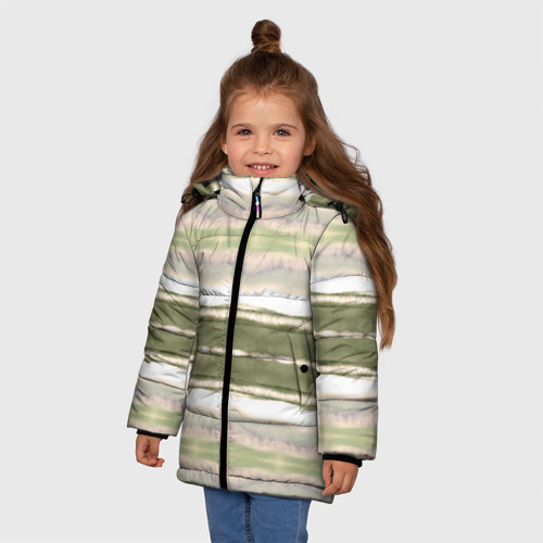 Зимняя куртка для девочек 3D с принтом Тай дай полосы в оливковых тонах, фото на моделе #1