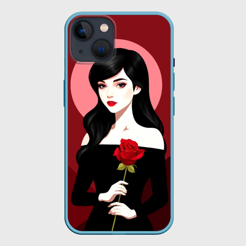 Чехол для iPhone 14 с принтом Девушка в черном платье с розой в руках, вид спереди #2