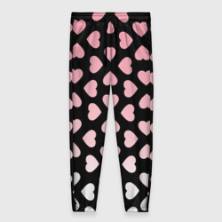Женские брюки 3D Розовые сердечки на чёрном