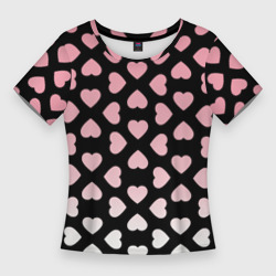 Женская футболка 3D Slim Розовые сердечки на чёрном