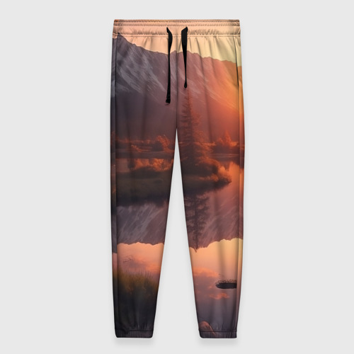 Женские брюки 3D с принтом Закат на горном озере, вид спереди #2