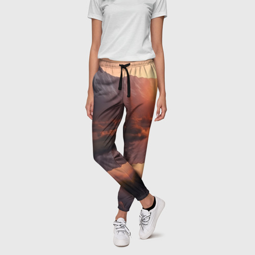 Женские брюки 3D с принтом Закат на горном озере, фото на моделе #1