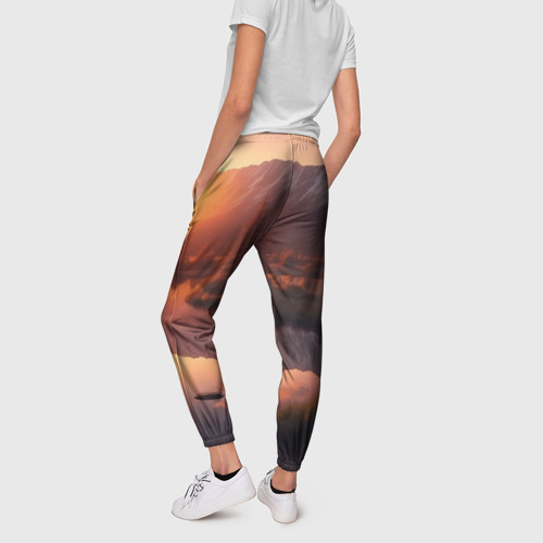 Женские брюки 3D с принтом Закат на горном озере, вид сзади #2
