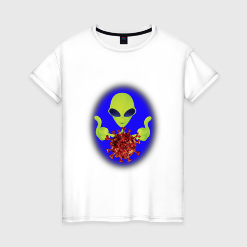 Женская футболка из хлопка с принтом Вирус с другой планеты, вид спереди №1