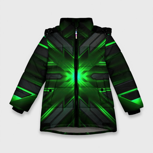 Зимняя куртка для девочек 3D с принтом Зеленый свет в абстракции, вид спереди #2