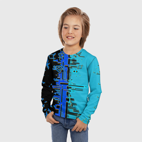 Детский лонгслив 3D с принтом Кибер-глитч синий, фото на моделе #1