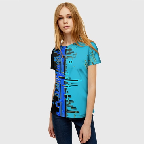Женская футболка 3D Кибер-глитч синий, цвет 3D печать - фото 3