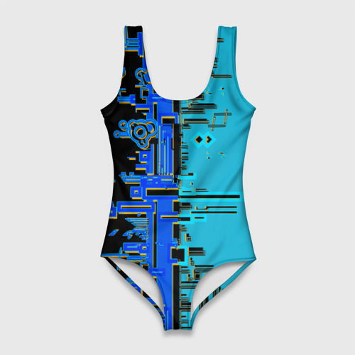 Женский купальник 3D Кибер-глитч синий, цвет 3D печать
