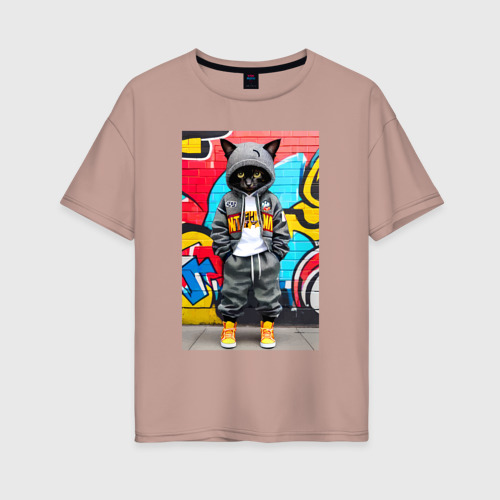Женская футболка хлопок Oversize с принтом Уличный котёнок хулиган на фоне граффити - нейросеть, вид спереди #2
