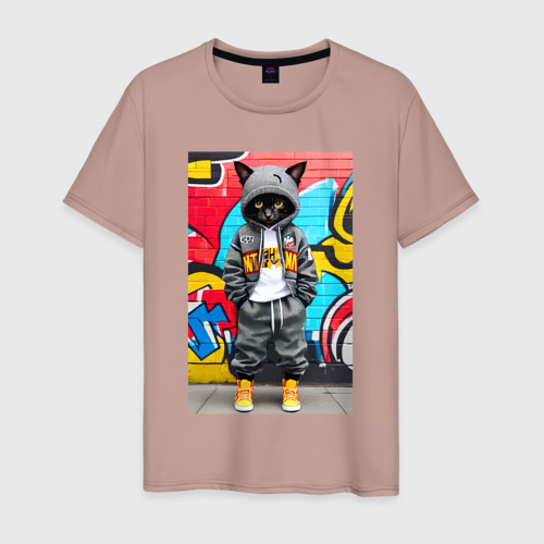 Мужская футболка хлопок с принтом Уличный котёнок хулиган на фоне граффити - нейросеть, вид спереди #2