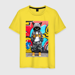 Мужская футболка хлопок Уличный котёнок хулиган на фоне граффити - нейросеть