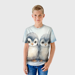 Детская футболка 3D Милые пингвины акварель - фото 2