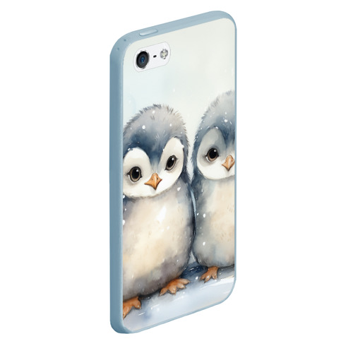 Чехол для iPhone 5/5S матовый Милые пингвины акварель, цвет голубой - фото 3