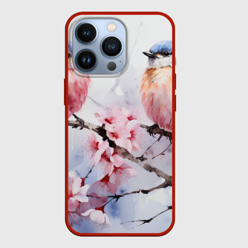 Чехол для iPhone 13 Pro Птицы в ветвях сакуры акварель, цвет красный
