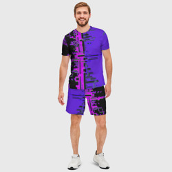 Мужской костюм с шортами 3D Кибер-глитч фиолетовый - фото 2