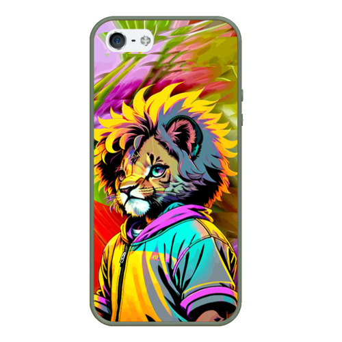 Чехол для iPhone 5/5S матовый Funny lion cub - pop art, цвет темно-зеленый