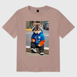 Женская футболка хлопок Oversize Уличный волчонок-хулиган - нейросеть
