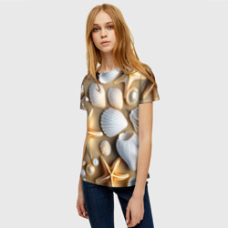 Женская футболка 3D Ракушки, морские звезды и жемчужины на бежевом - фото 2