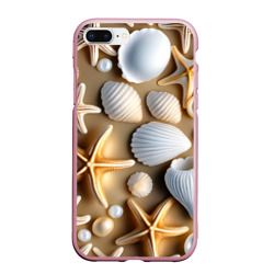 Чехол для iPhone 7Plus/8 Plus матовый Ракушки, морские звезды и жемчужины на бежевом