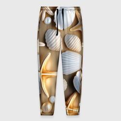 Мужские брюки 3D Ракушки, морские звезды и жемчужины на бежевом