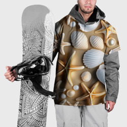 Накидка на куртку 3D Ракушки, морские звезды и жемчужины на бежевом