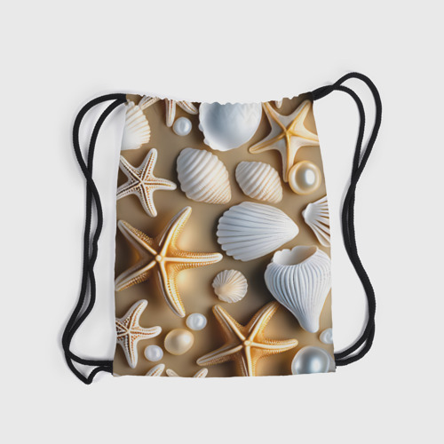 Рюкзак-мешок 3D Ракушки, морские звезды и жемчужины на бежевом - фото 6