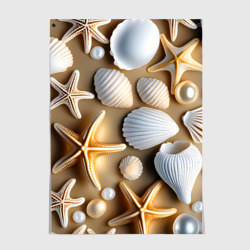 Постер Ракушки, морские звезды и жемчужины на бежевом
