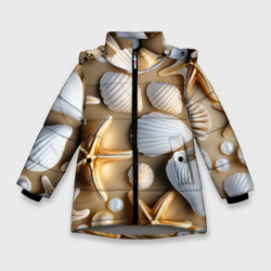 Зимняя куртка для девочек 3D Ракушки, морские звезды и жемчужины на бежевом