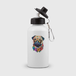 Бутылка спортивная Мопс с цветочным украшением в мексиканском стиле
