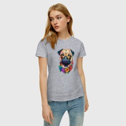 Женская футболка хлопок Мопс с цветочным украшением в мексиканском стиле - фото 2