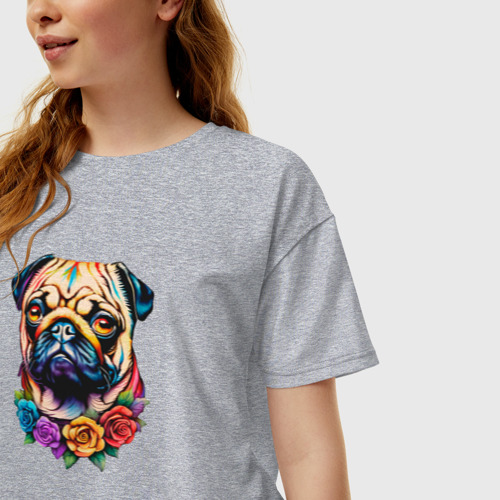 Женская футболка хлопок Oversize Мопс с цветочным украшением в мексиканском стиле, цвет меланж - фото 3