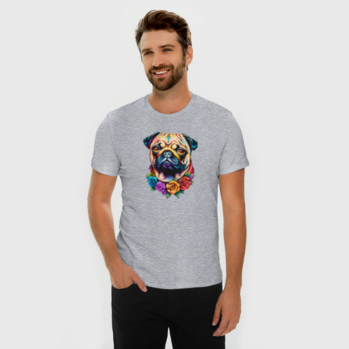 Мужская футболка хлопок Slim Мопс с цветочным украшением в мексиканском стиле, цвет меланж - фото 3