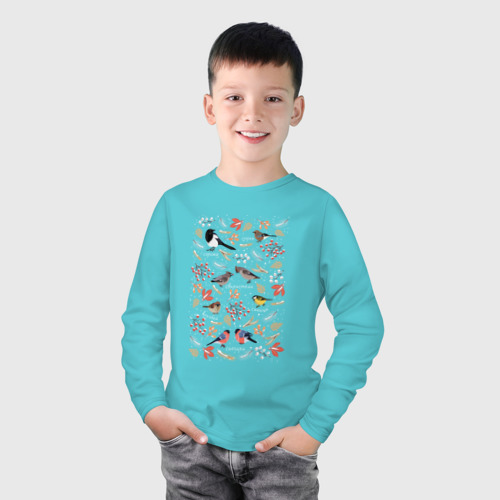 Детский лонгслив хлопок с принтом Зимующие птицы, фото на моделе #1