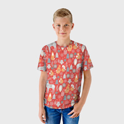 Детская футболка 3D Новогодние животные и птицы в скандинавском стиле на красном фоне - фото 2