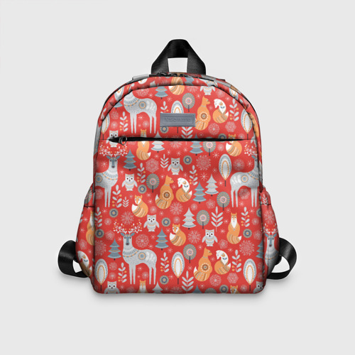 Детский рюкзак 3D с принтом Новогодние животные и птицы в скандинавском стиле на красном фоне, вид спереди #2