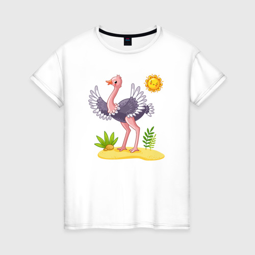 Женская футболка из хлопка с принтом Солнечный страус, вид спереди №1