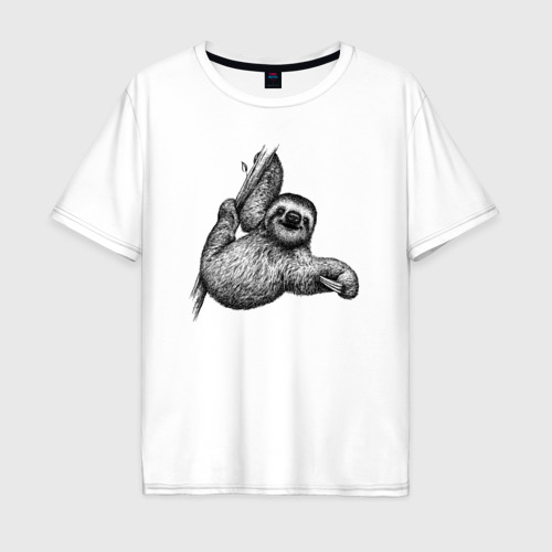 Мужская футболка хлопок Oversize с принтом Ленивец на дереве, вид спереди #2