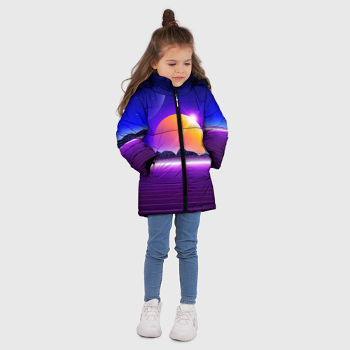 Зимняя куртка для девочек 3D с принтом Mountains - sun - space - vaporwave, вид сбоку #3