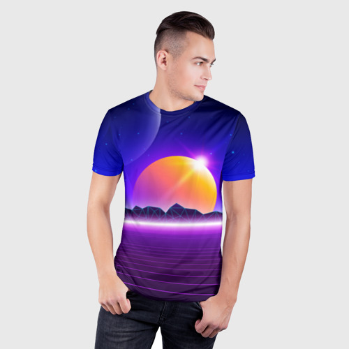 Мужская футболка 3D Slim Mountains - sun - space - vaporwave, цвет 3D печать - фото 3