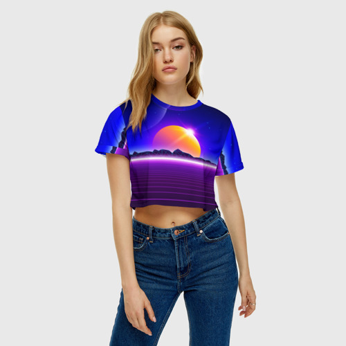 Женская футболка Crop-top 3D Mountains - sun - space - vaporwave, цвет 3D печать - фото 4