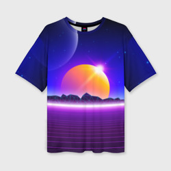 Женская футболка oversize 3D Mountains - sun - space - vaporwave