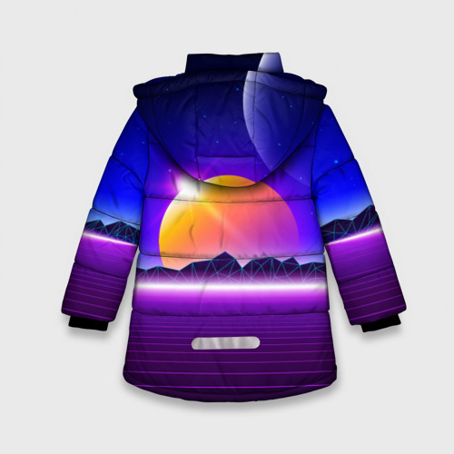 Зимняя куртка для девочек 3D с принтом Mountains - sun - space - vaporwave, вид сзади #1