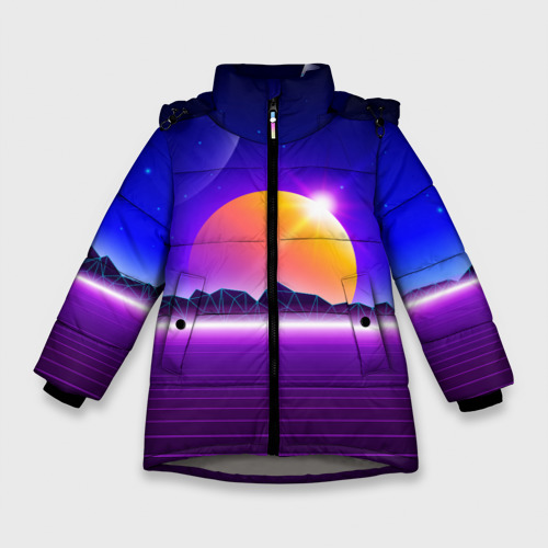 Зимняя куртка для девочек 3D с принтом Mountains - sun - space - vaporwave, вид спереди #2