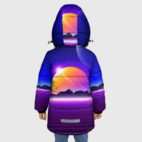 Зимняя куртка для девочек 3D с принтом Mountains - sun - space - vaporwave, вид сзади #2