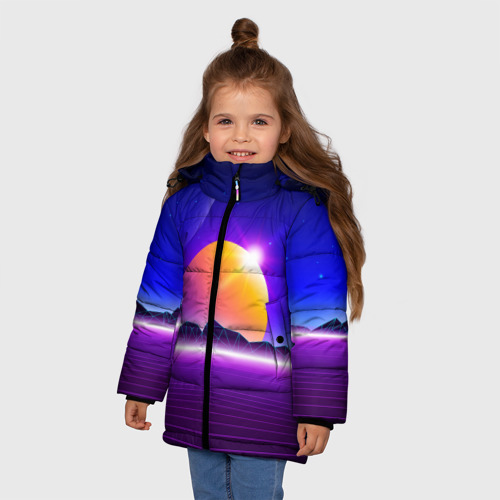 Зимняя куртка для девочек 3D с принтом Mountains - sun - space - vaporwave, фото на моделе #1