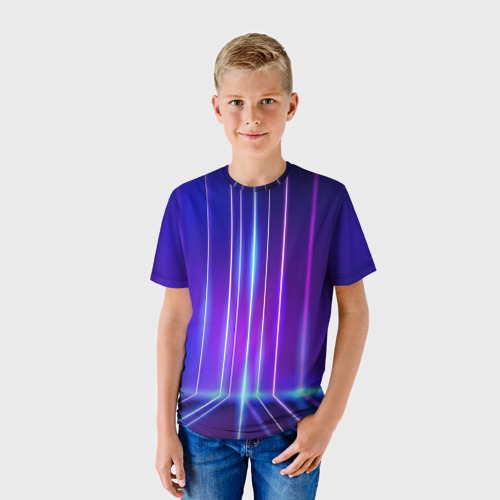 Детская футболка 3D с принтом Neon glow - vaporwave - strips, фото на моделе #1