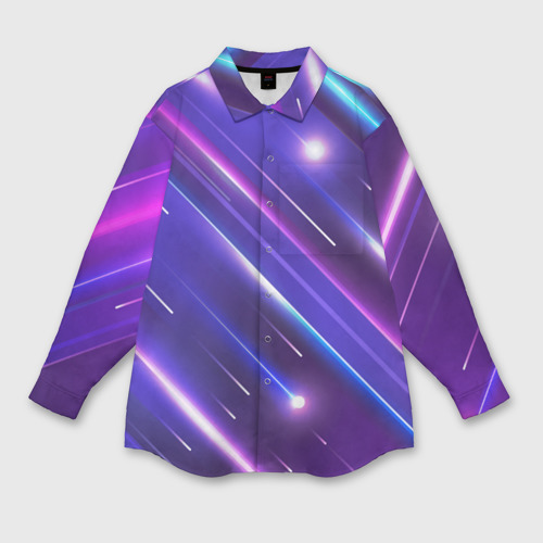Женская рубашка oversize 3D Неоновый звездопад - полосы, цвет белый