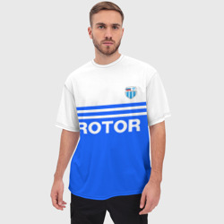 Футболка с принтом ФК Ротор - синии линии для мужчины, вид на модели спереди №2. Цвет основы: белый