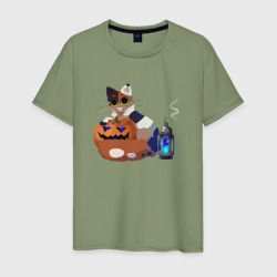 Мужская футболка хлопок Кошка с Тыквой
